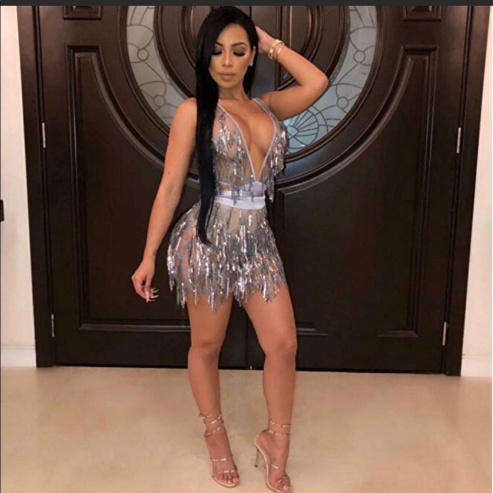 Grey and silver sequin/tassel bodycon party dress